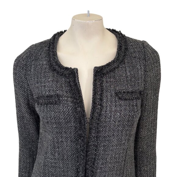 ZARA Wool Blend Fringe Trim Metallic Weave Long Tweed Blazer Jacket SZ S - Picture 2 of 10